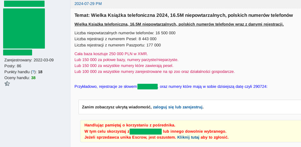 ogłoszenie sprzedaży "książki telefonicznej" na forum przestępczym, zawiera 16 milionów numerów