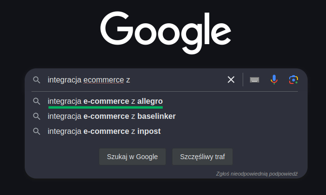 podpowiedzi Google dla wyszukiwania "integracja ecommerce z ...", odpowiedź: allegro